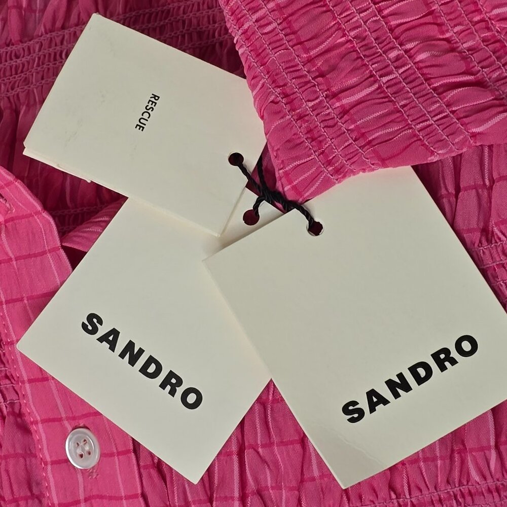 Sandro Janelle Stripe Smocked Cropped Blouse in Rose Bonbon, FR 2/ M, NWT - Picture 7 of 9